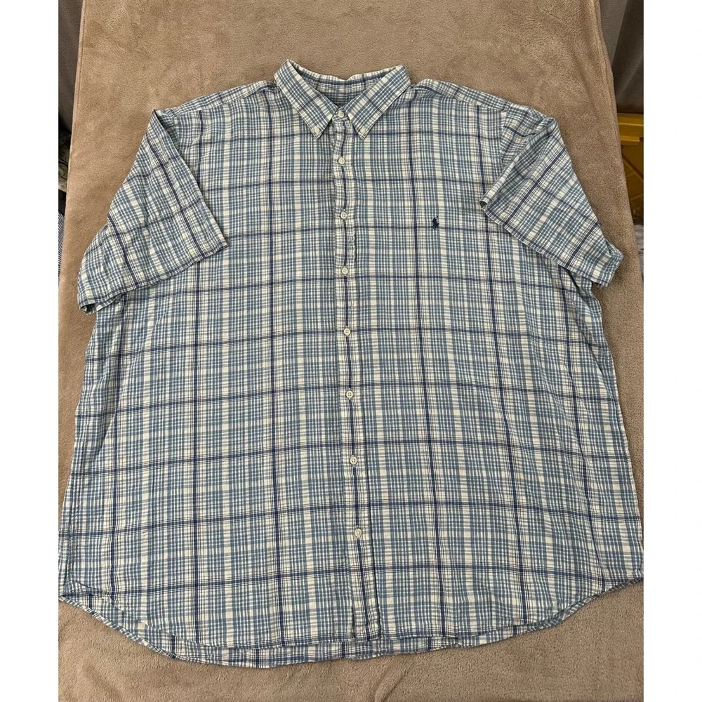 Polo Ralph Lauren Linen Blend Performance shirt Mens 4XB Big Blue Plaid‎ S/S EUC